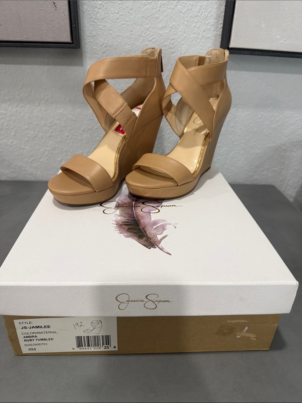 Jessica Simpson Tan Crisscross Wedge Sandals with Ankle Strap